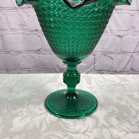 Vintage Diamond Cut Ruffled Edge Teal Pedestal Glass Candy Dish - Picture 3 of 8